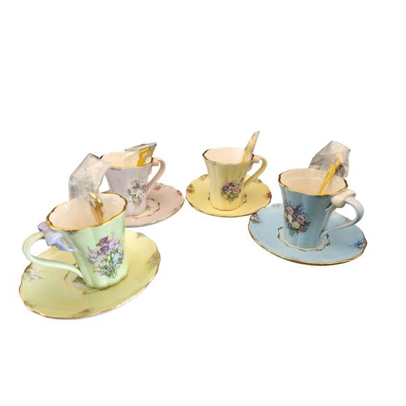 Bradford Edition 13 piece Vintage Teacup Set Blue, Green, Pink, and Yellow - Picture 6 of 8